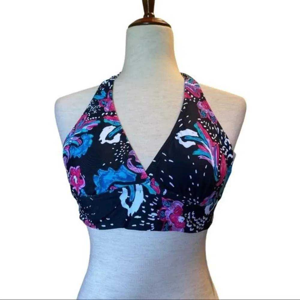 Anne Cole Floral Polka Dot‎ Black Pink Halter Top Two Piece Bikini Set Size XS